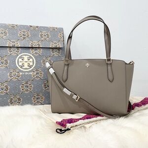 Tory Burch Emerson Small Top Zip Leather Tote Crossbody Strap French Gray-Taupe!